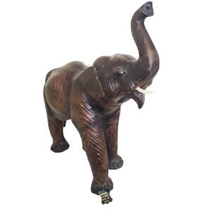 Vintage Dark Brown Leather Wrapped Elephant Standing tusks